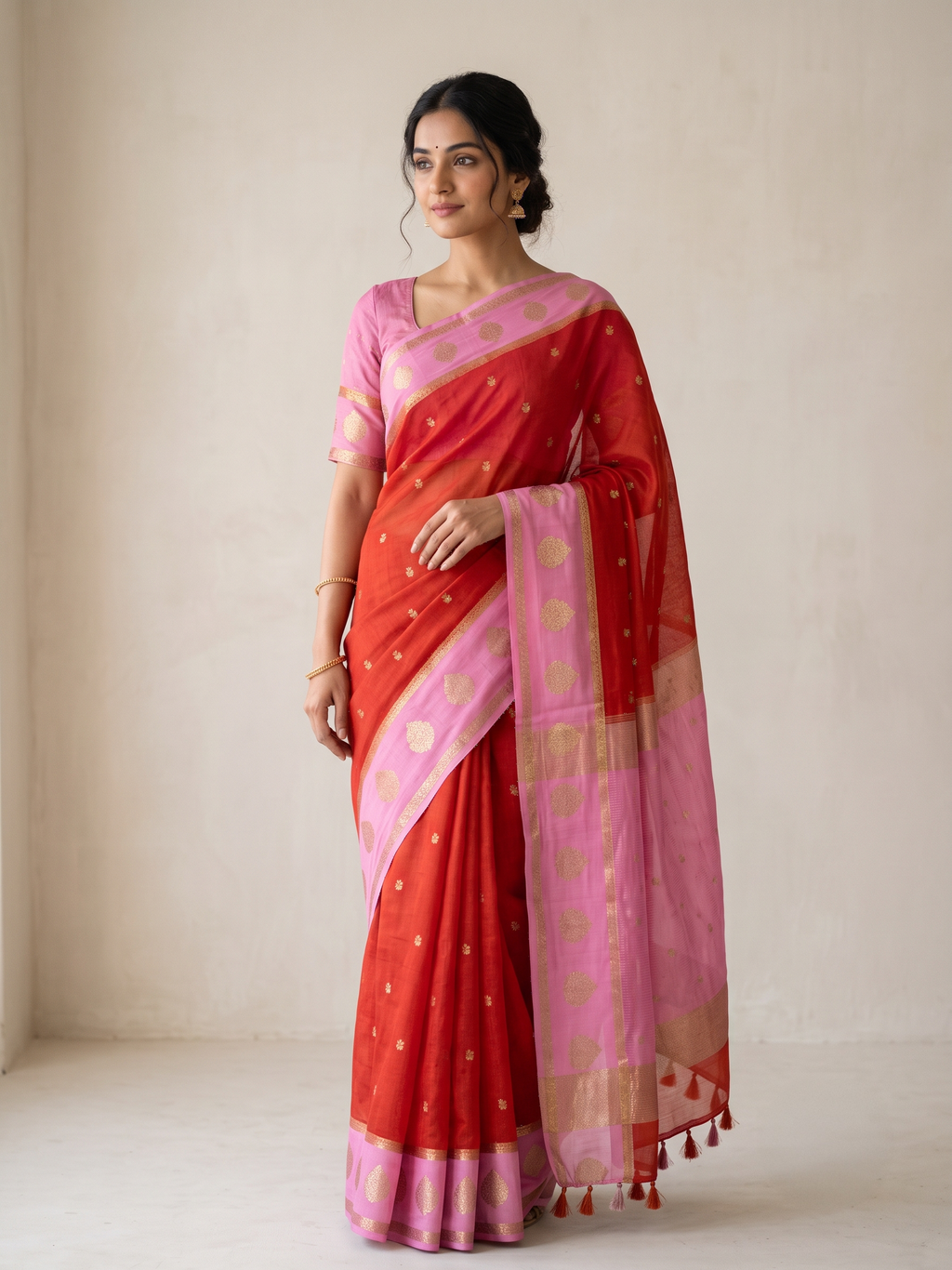 Rust Orange Katan Silk Saree with Gold Buti & Candy Pink Satin Border with Floral Buta