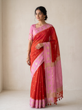 Rust Orange Katan Silk Saree with Gold Buti & Candy Pink Satin Border with Floral Buta