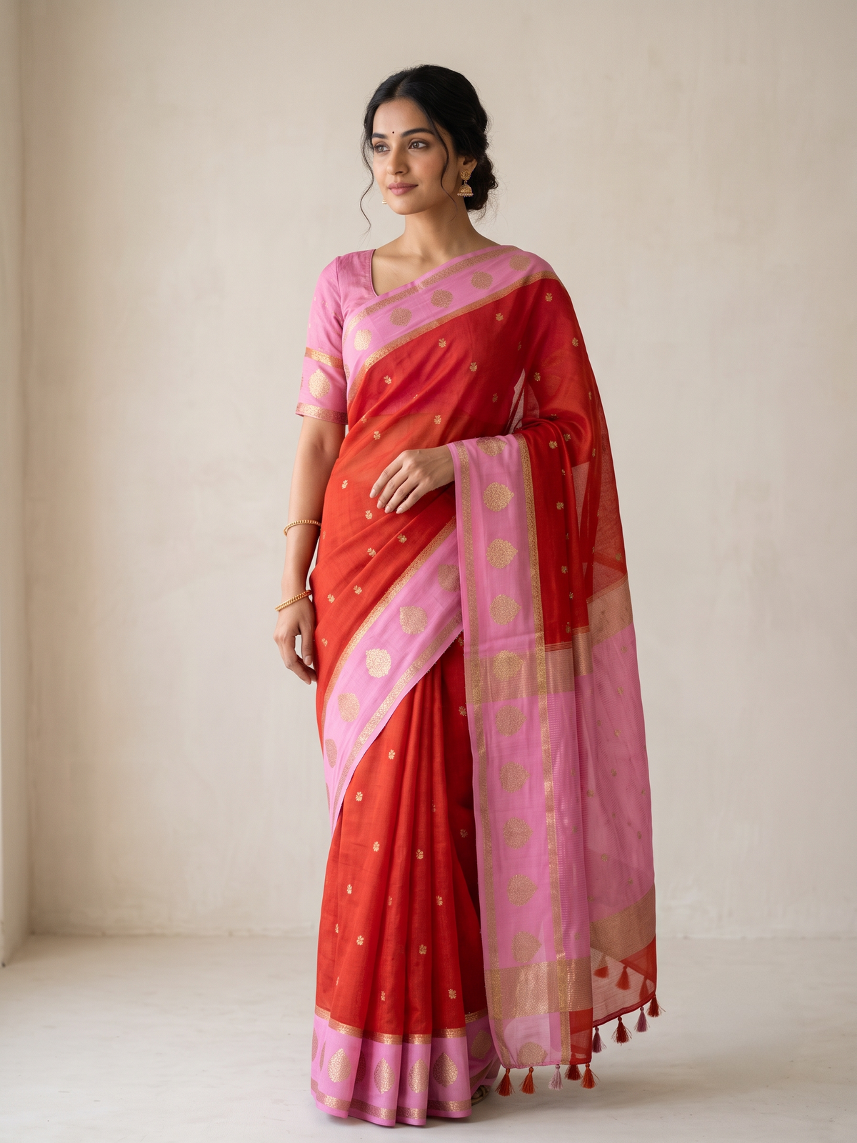 Rust Orange Katan Silk Saree with Gold Buti & Candy Pink Satin Border with Floral Buta