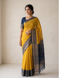 Mustard Yellow Crepe Silk Saree with Zari Buti & Midnight Navy Blue Striped Border