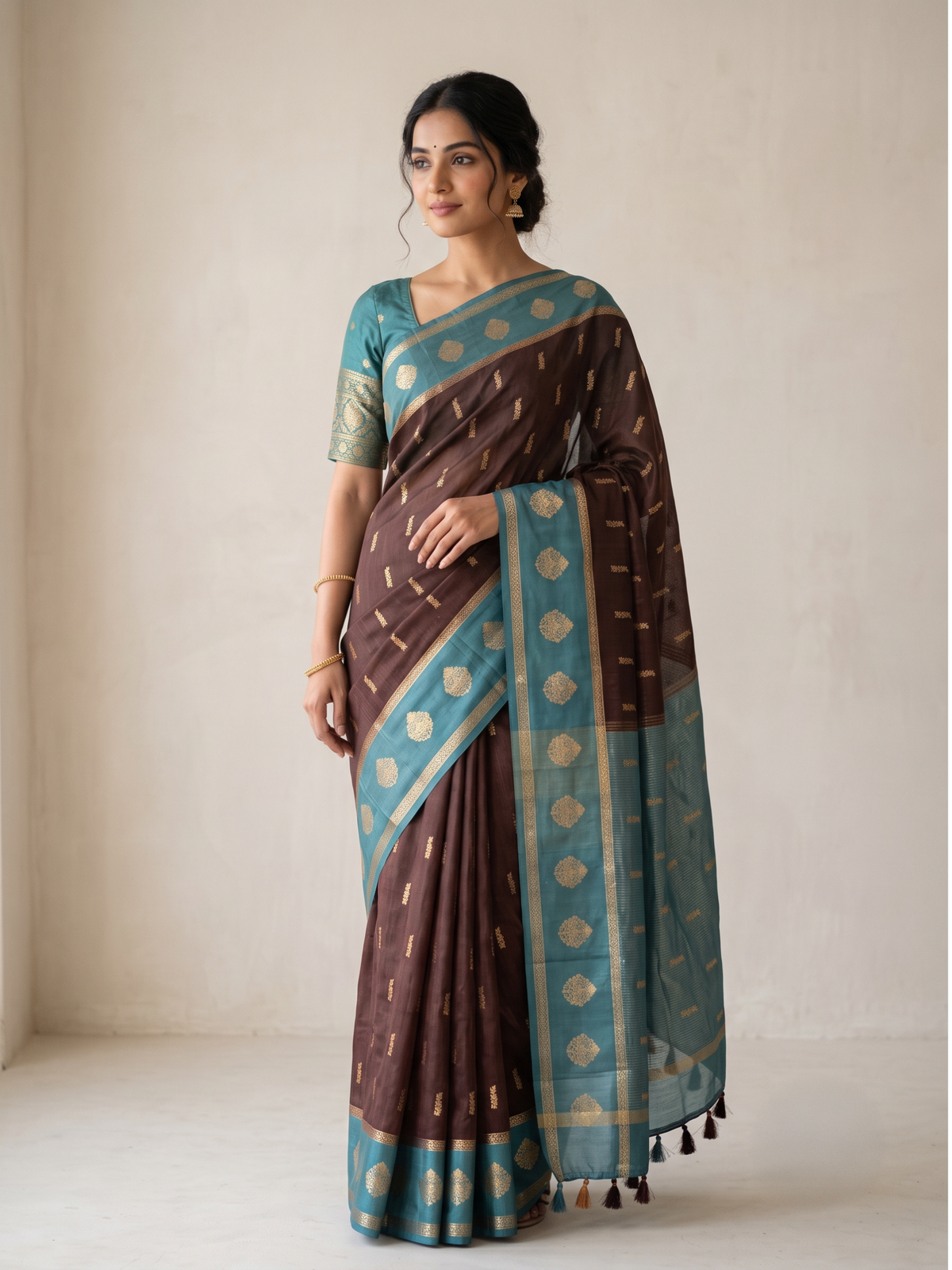 Espresso Brown Crepe Silk Saree with Gold Buti & Teal Blue Zari Buta Border