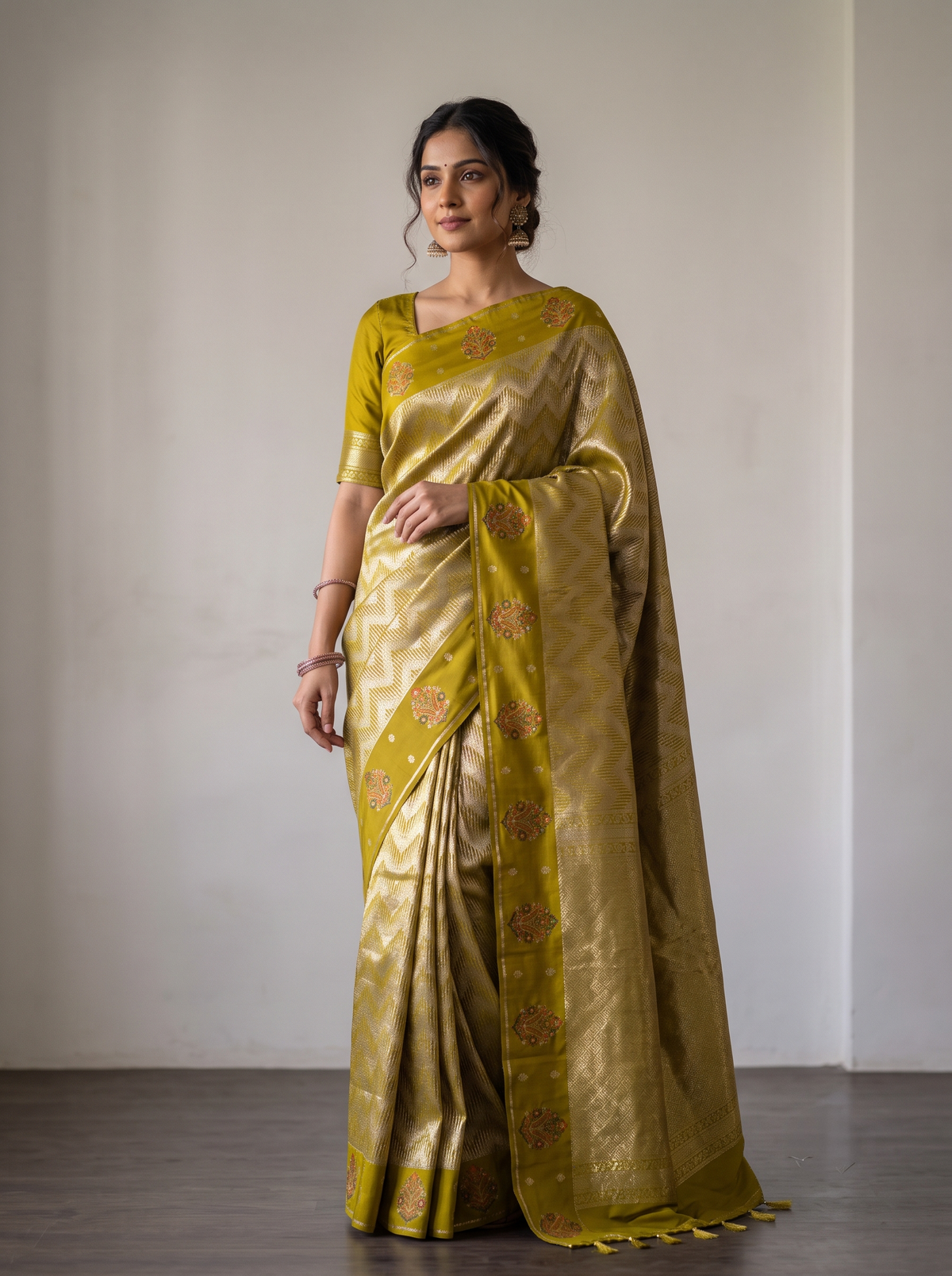 Royal Purple Katan Silk Brocade Saree with Silver-Gold Chevron Weave & Satin Buta Border