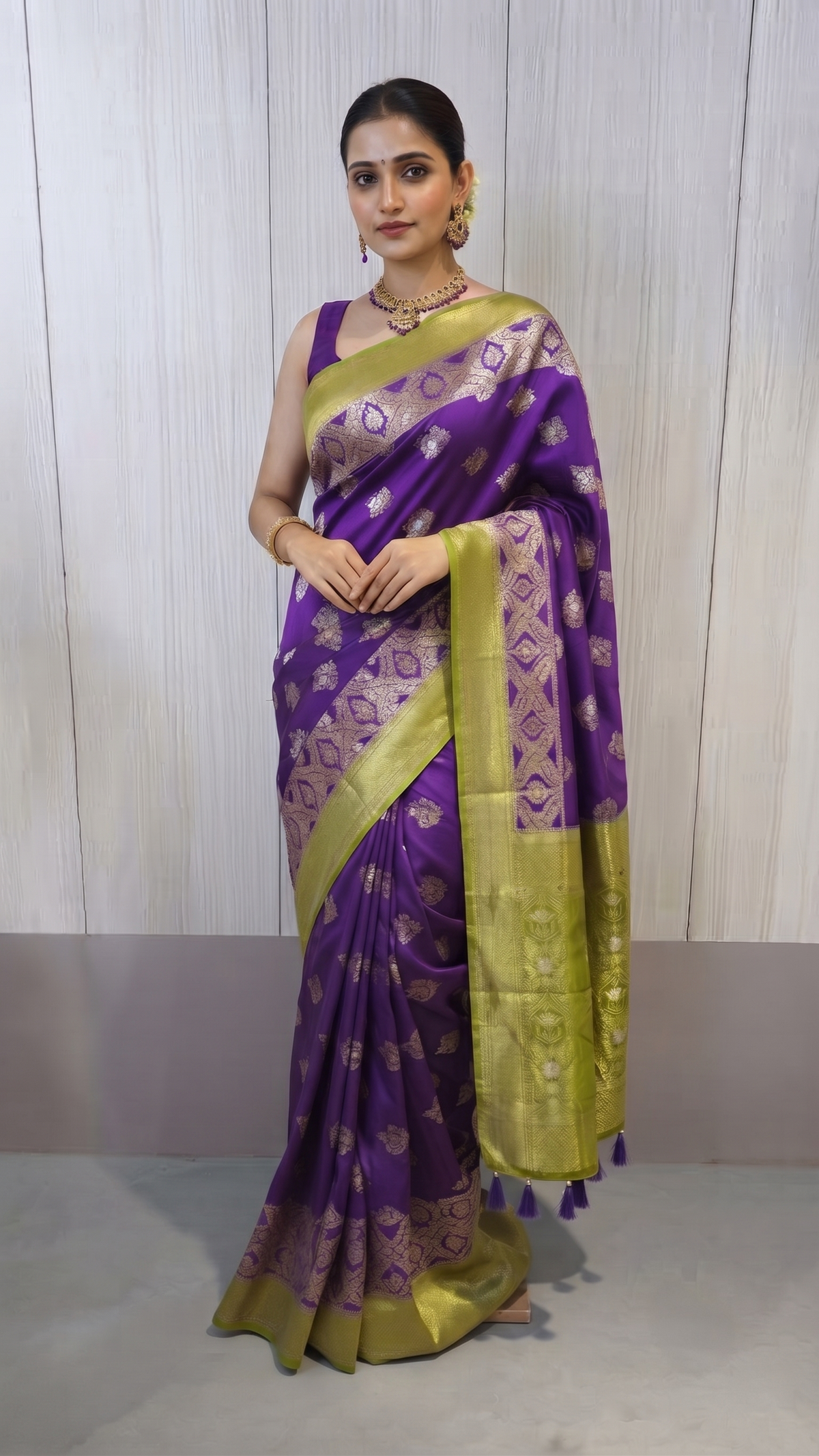 Mashru Katan Silk, purple with green boder