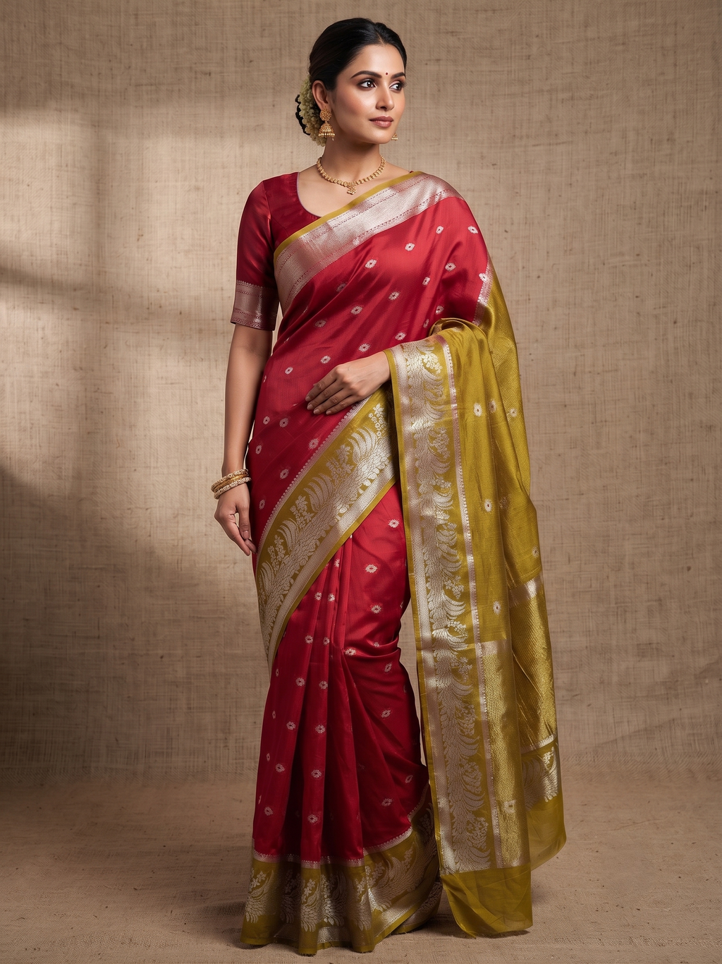 Dupion silk Features with Polka Dots in burgundy
