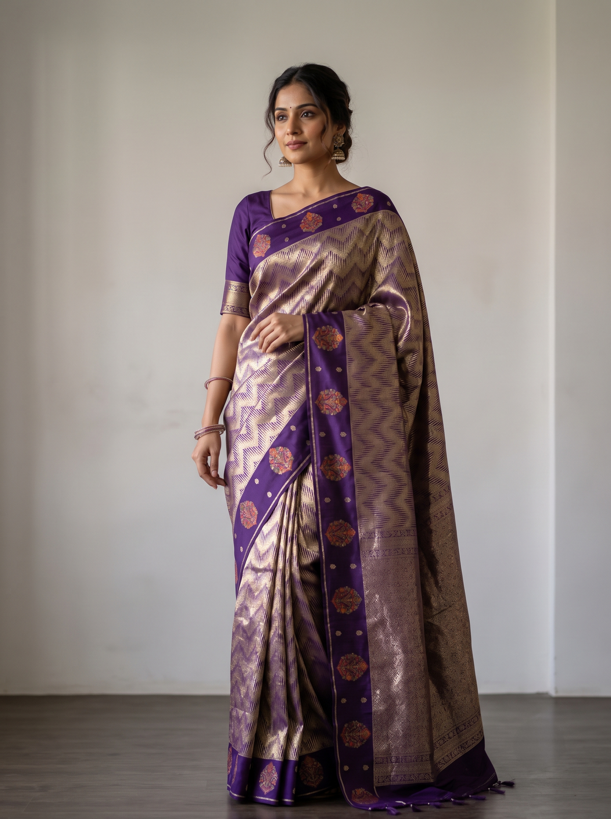 Royal Purple Katan Silk Brocade Saree with Silver-Gold Chevron Weave & Satin Buta Border