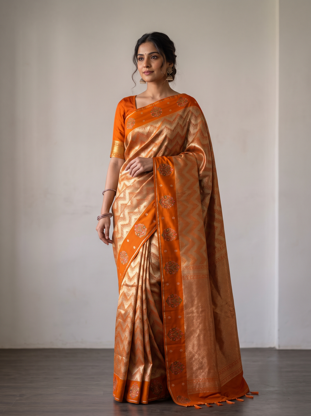 Royal Purple Katan Silk Brocade Saree with Silver-Gold Chevron Weave & Satin Buta Border