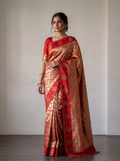 Royal Purple Katan Silk Brocade Saree with Silver-Gold Chevron Weave & Satin Buta Border