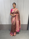 Mashru Katan Silk, chocolate Grid pattern with pink boder