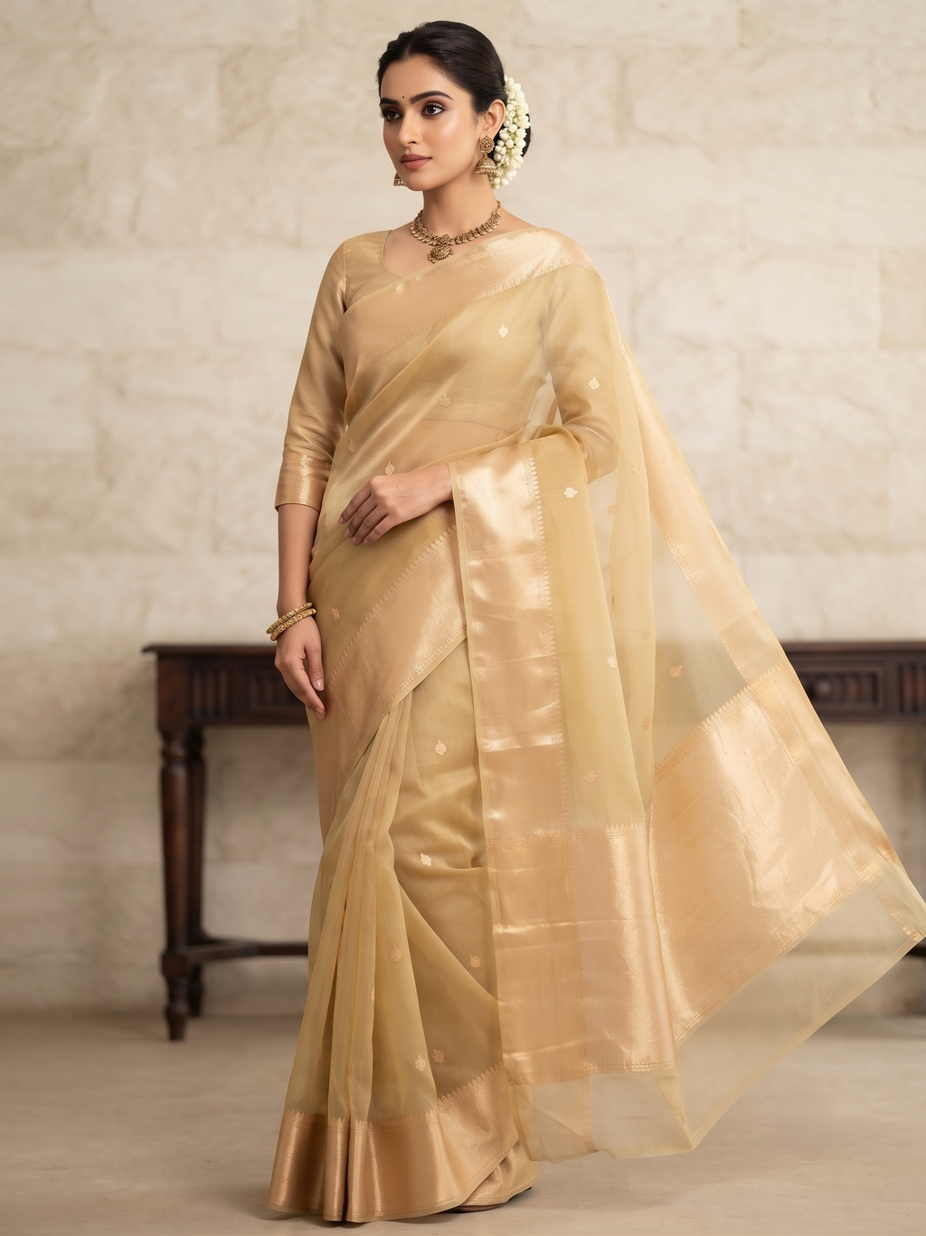 Pure Banarasi Handloom Kora in Beige