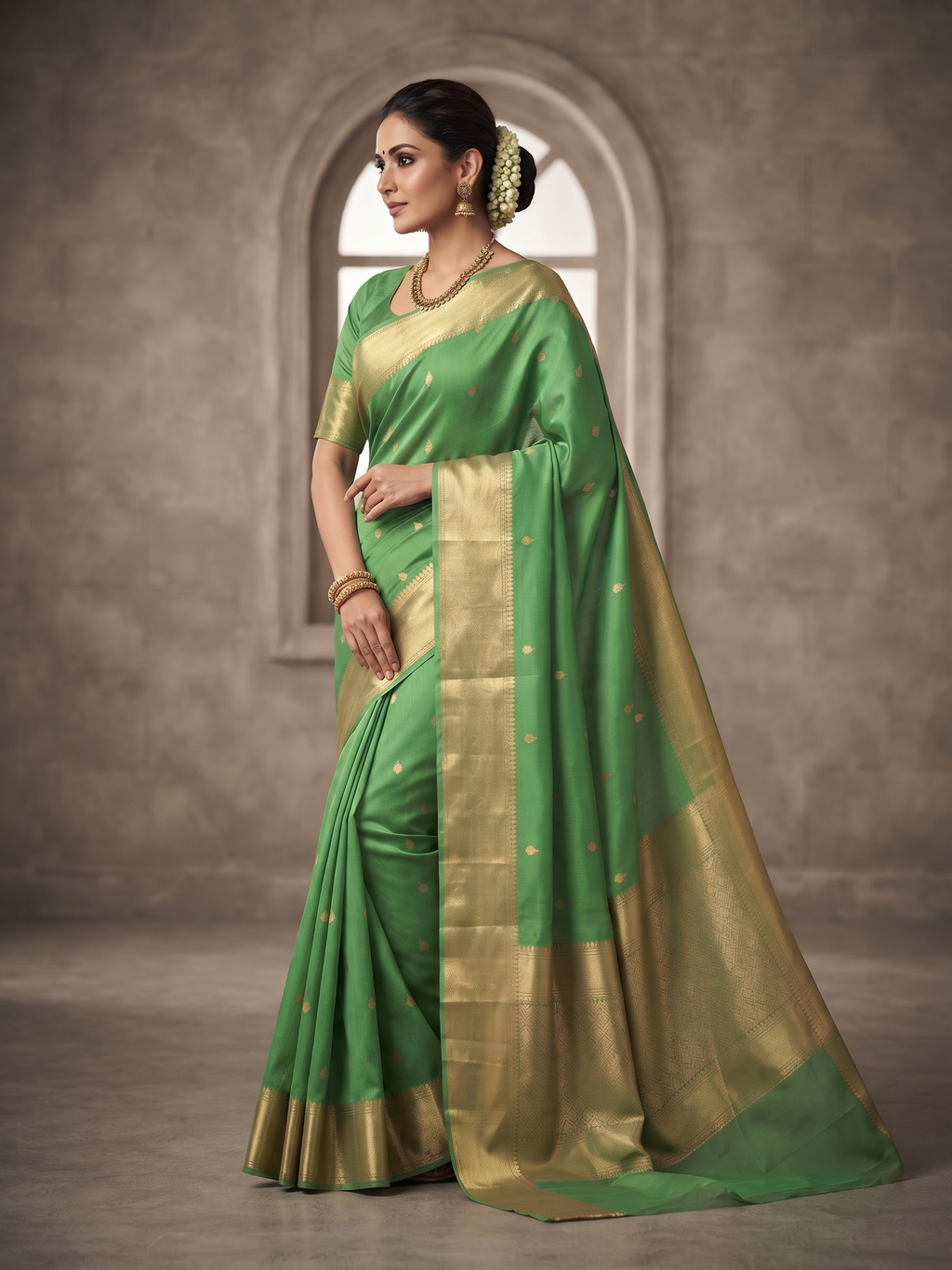 Pure Banarasi Handloom Kora in green with bege boder