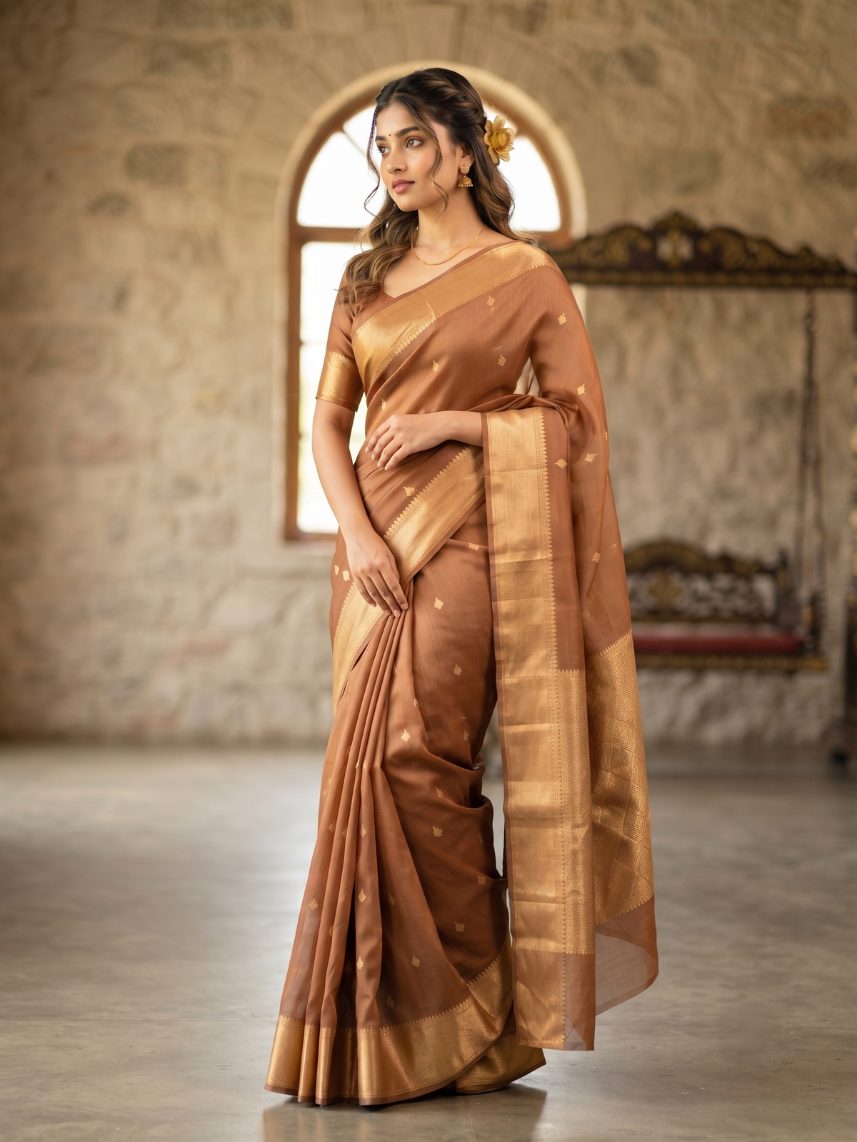 Pure Banarasi Handloom Kora in Bronze