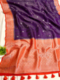 Orange & Purple Contrast Viscose Tanchoi Border Anchal Booti