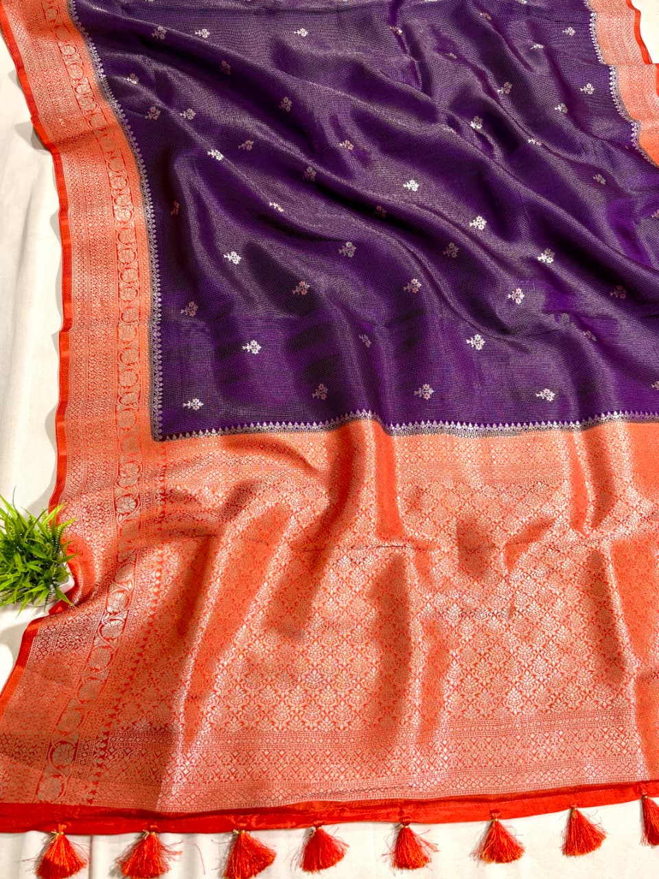 Orange & Purple Contrast Viscose Tanchoi Border Anchal Booti