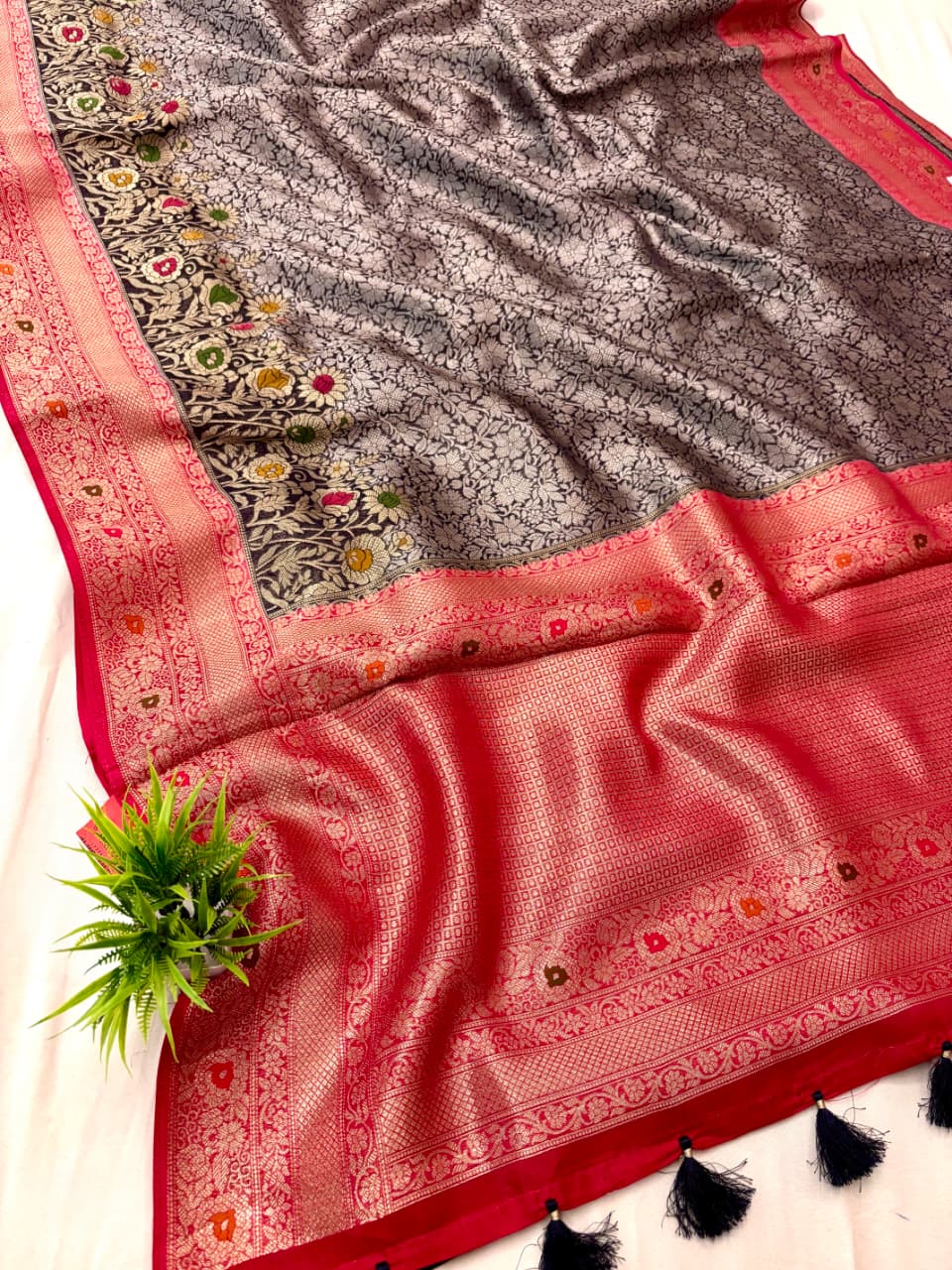 Rani & Black Viscose Tanchoi Border Anchal Jaal Saree