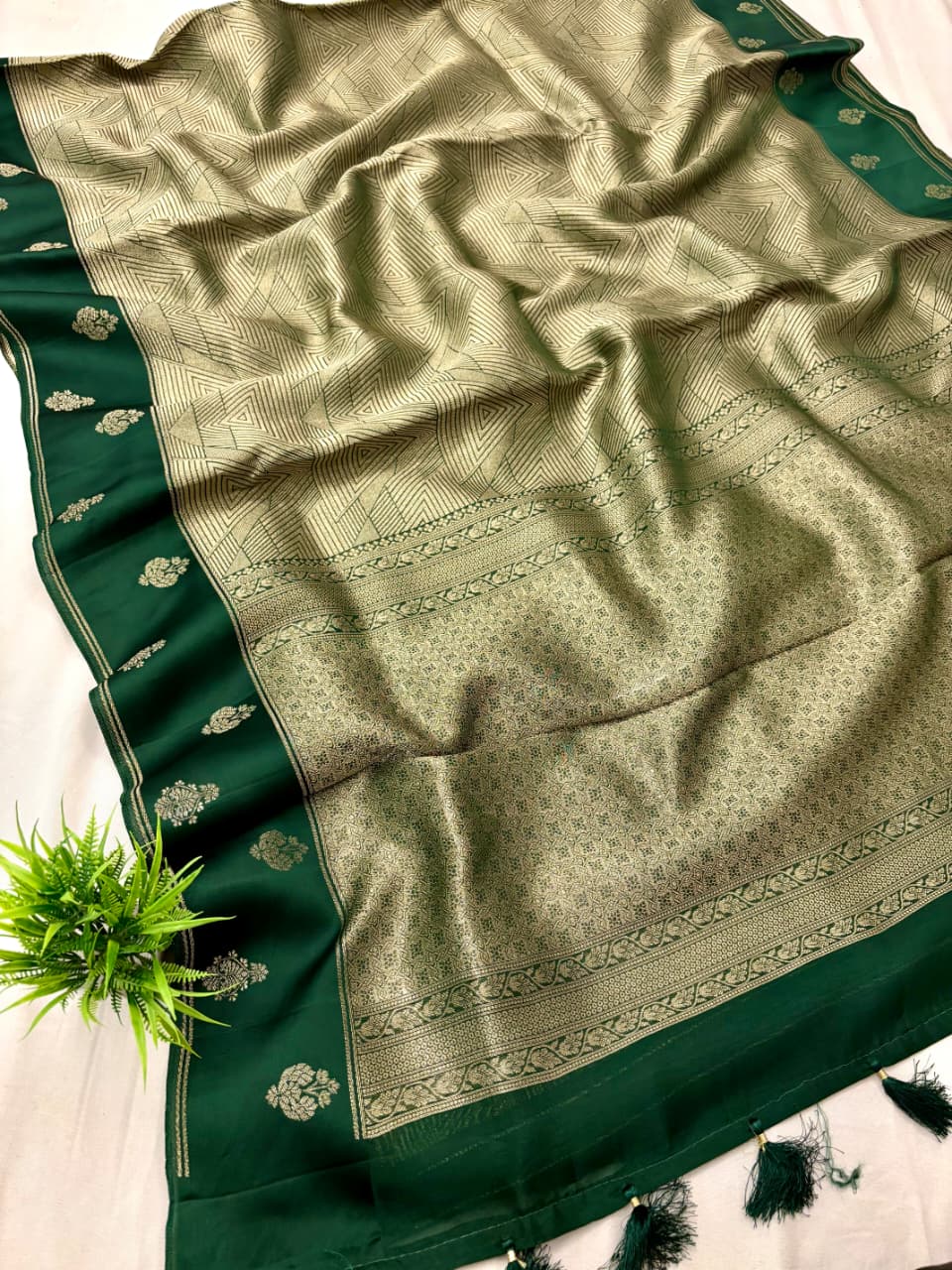 Bottle Green  Tanchoi Plain Boota Border