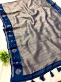 Royal Blue Viscose Tanchoi Plain Boota Border Saree
